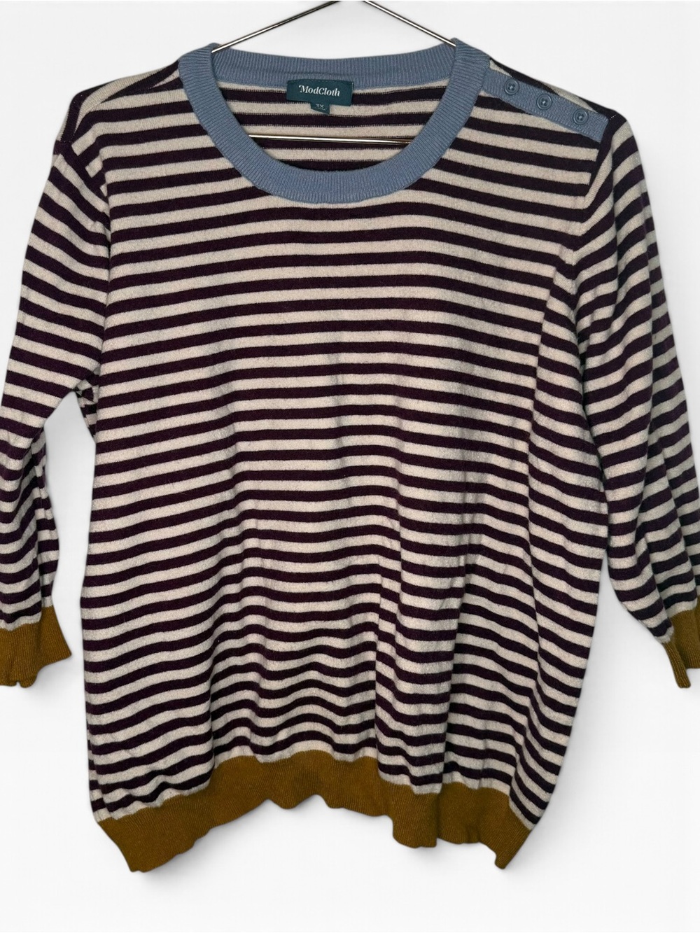 Modcloth Maroon Cream Striped Crewneck Sweater Blue Mustard Trim Fall